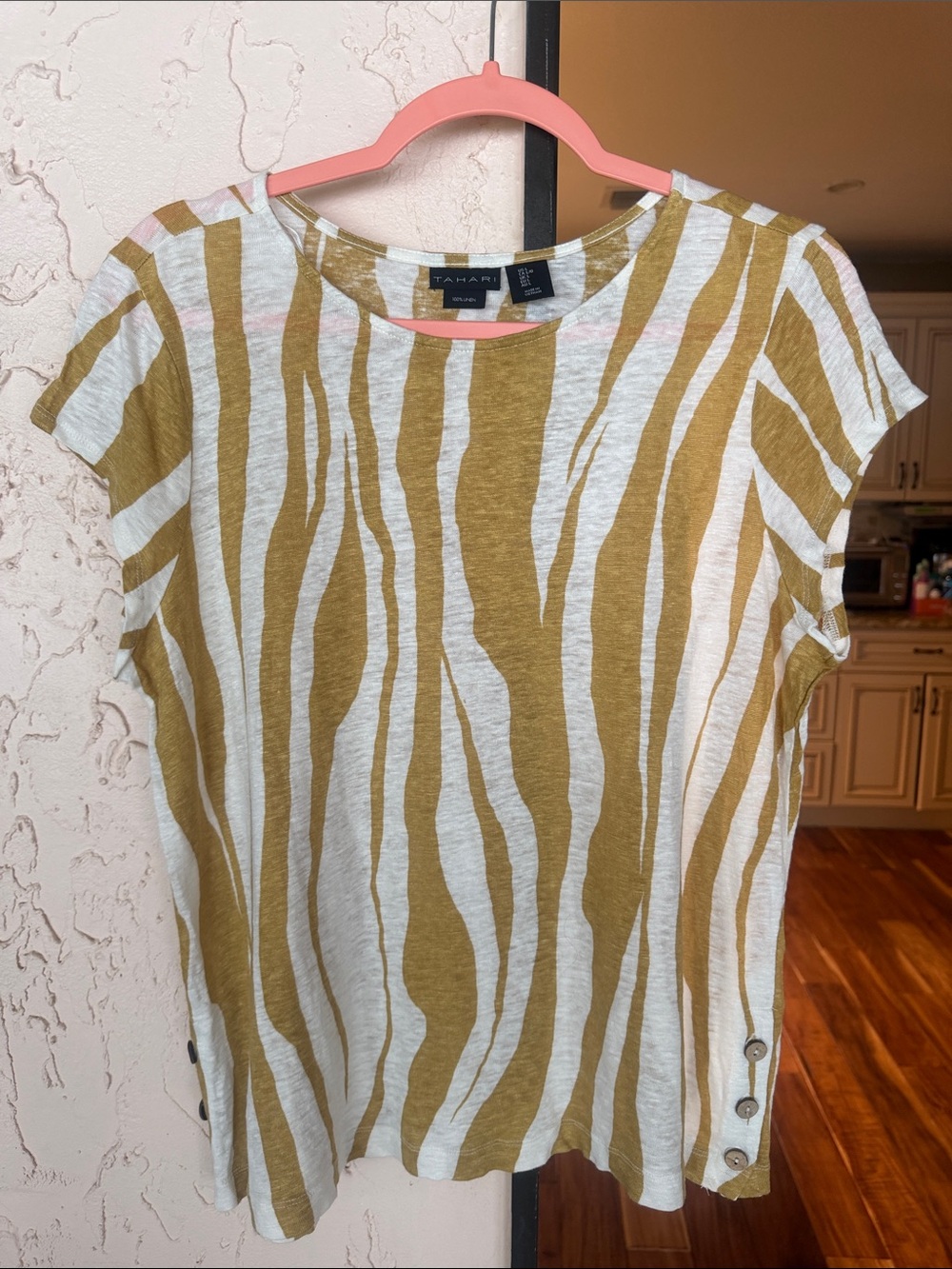 Tahari Mustard and Cream Zebra-Stripe Short Sleeve Top 100% linen